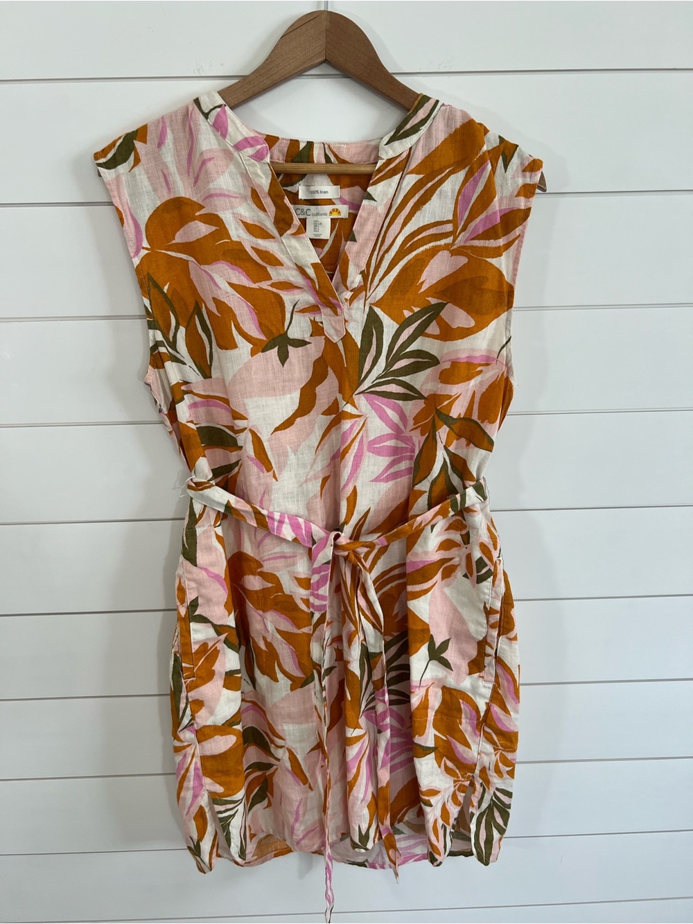 C&C California 100% Linen Floral Sleeveless Dress Womens Large